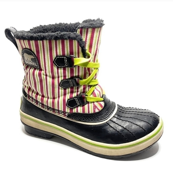 Sorel Other - SOREL Tivoli Rubber Pink‎ Green Striped Youth 4 Winter Duck Boots Faux Fur Trim